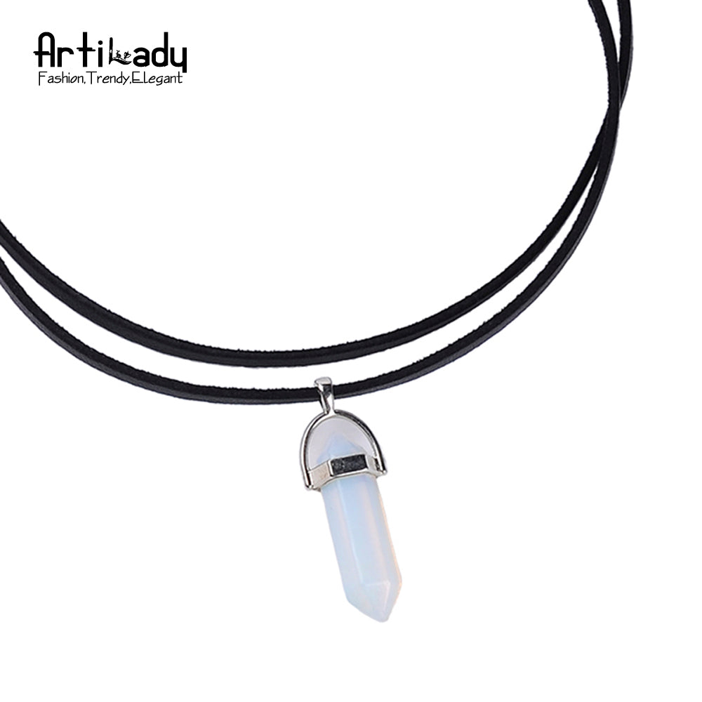 Leather choker necklace with opal pendants