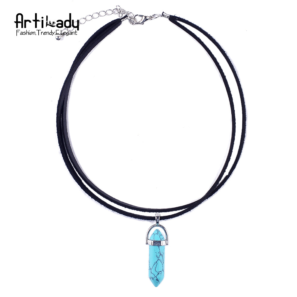 Leather choker necklace with opal pendants