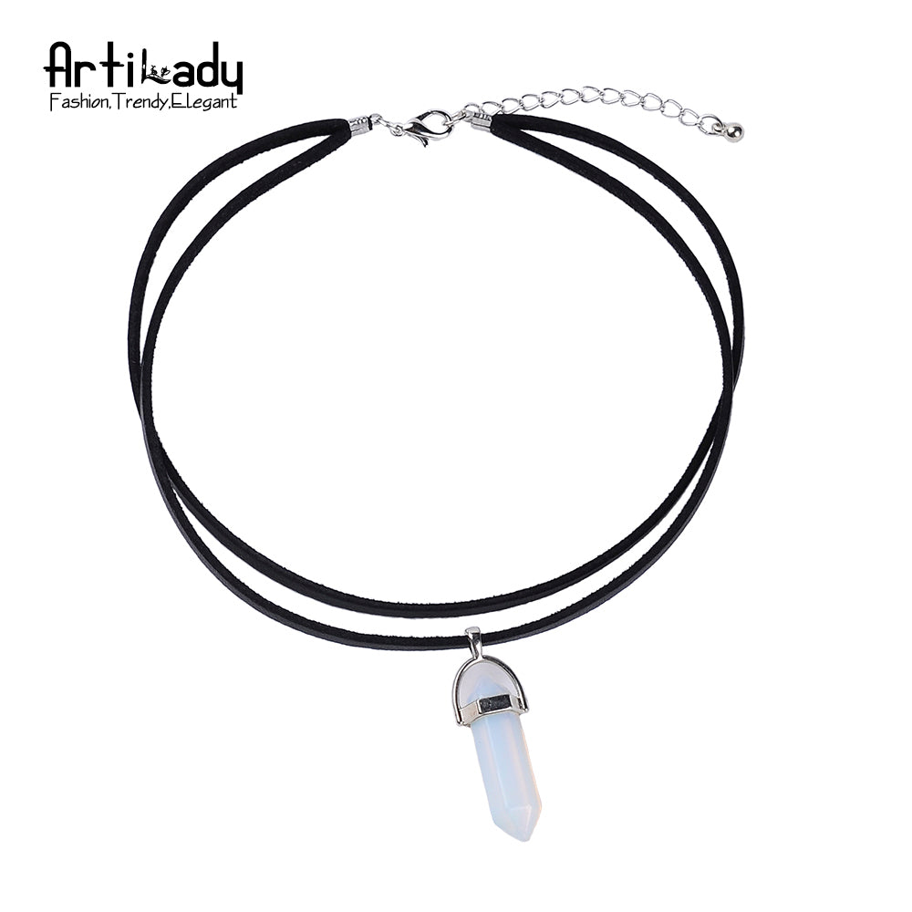 Leather choker necklace with opal pendants