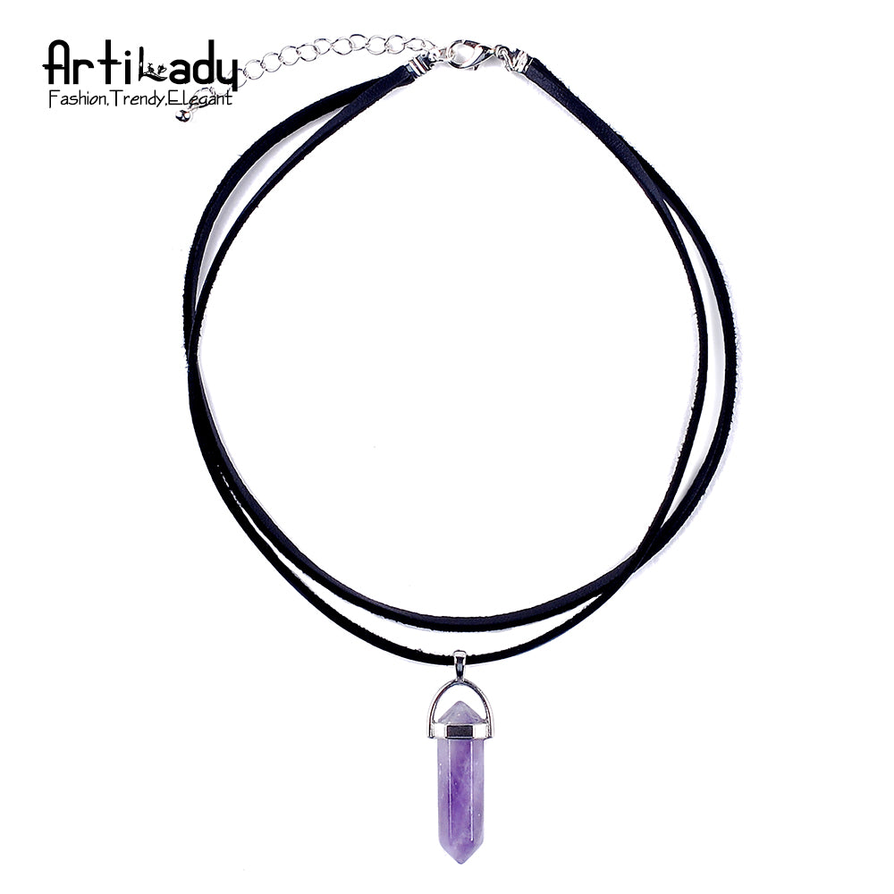 Leather choker necklace with opal pendants