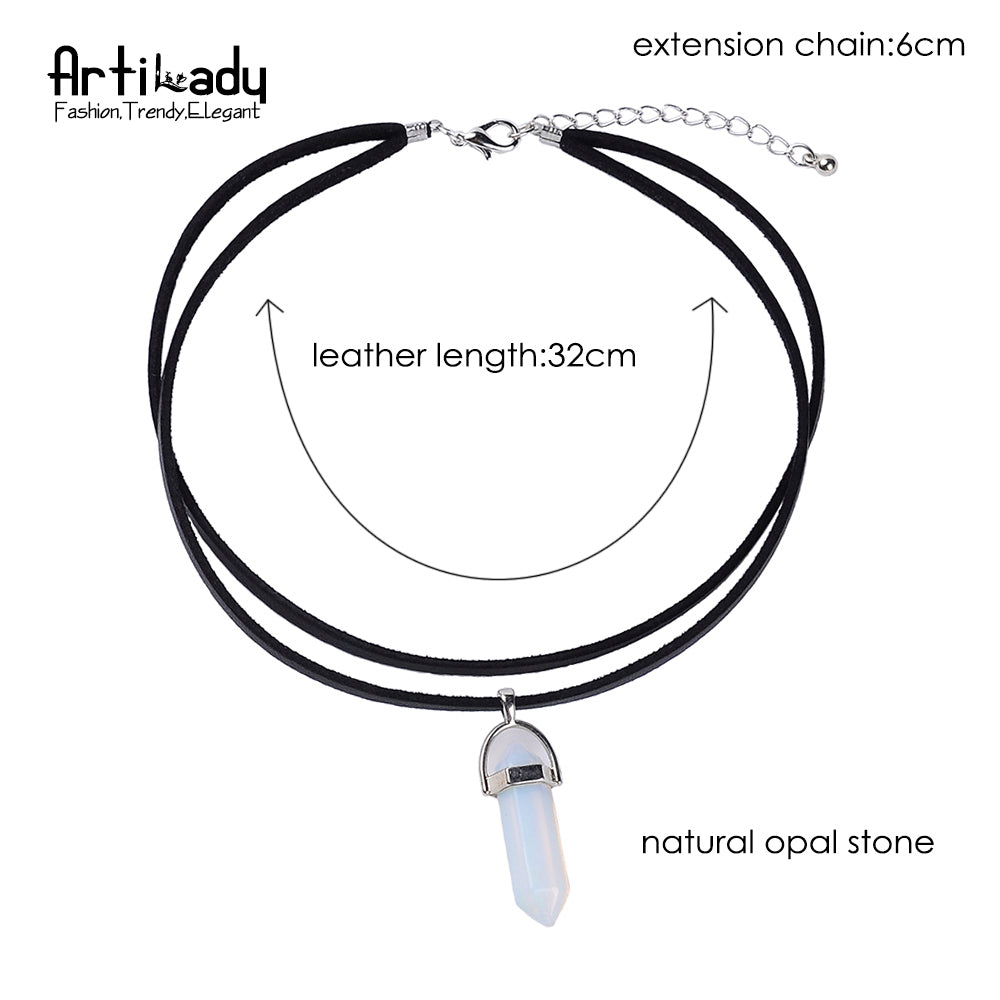 Leather choker necklace with opal pendants