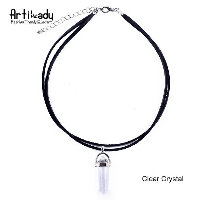 Leather choker necklace with opal pendants