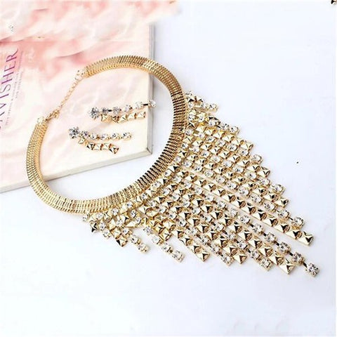 Gold-plated rhinestone necklace & earrings jewelry set