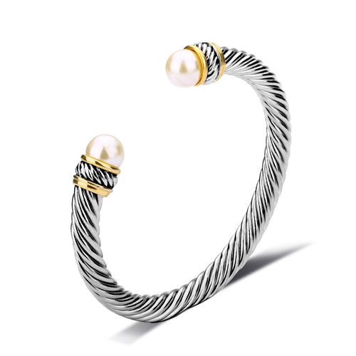 Simulated pearl twisted wire cuff bracelet